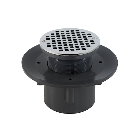 Jones Stephens 3inX4in Heavy Duty PVC Slab Drain Base, 3-1/2in Plastic Spud, 5in Chrome Plated Strainer, Ring D49435
